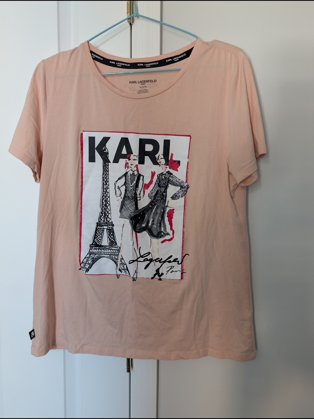 Karl Lagerfeld Light Pink Crewneck Graphic Tee with Black Logo Trim Medium